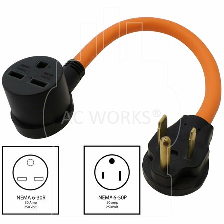 Ac Works 1.5FT 6-50P Welder Plug to 6-30R 3-Prong 30 Amp 250 Volt Commercial HVAC Female Adapter S650630-018